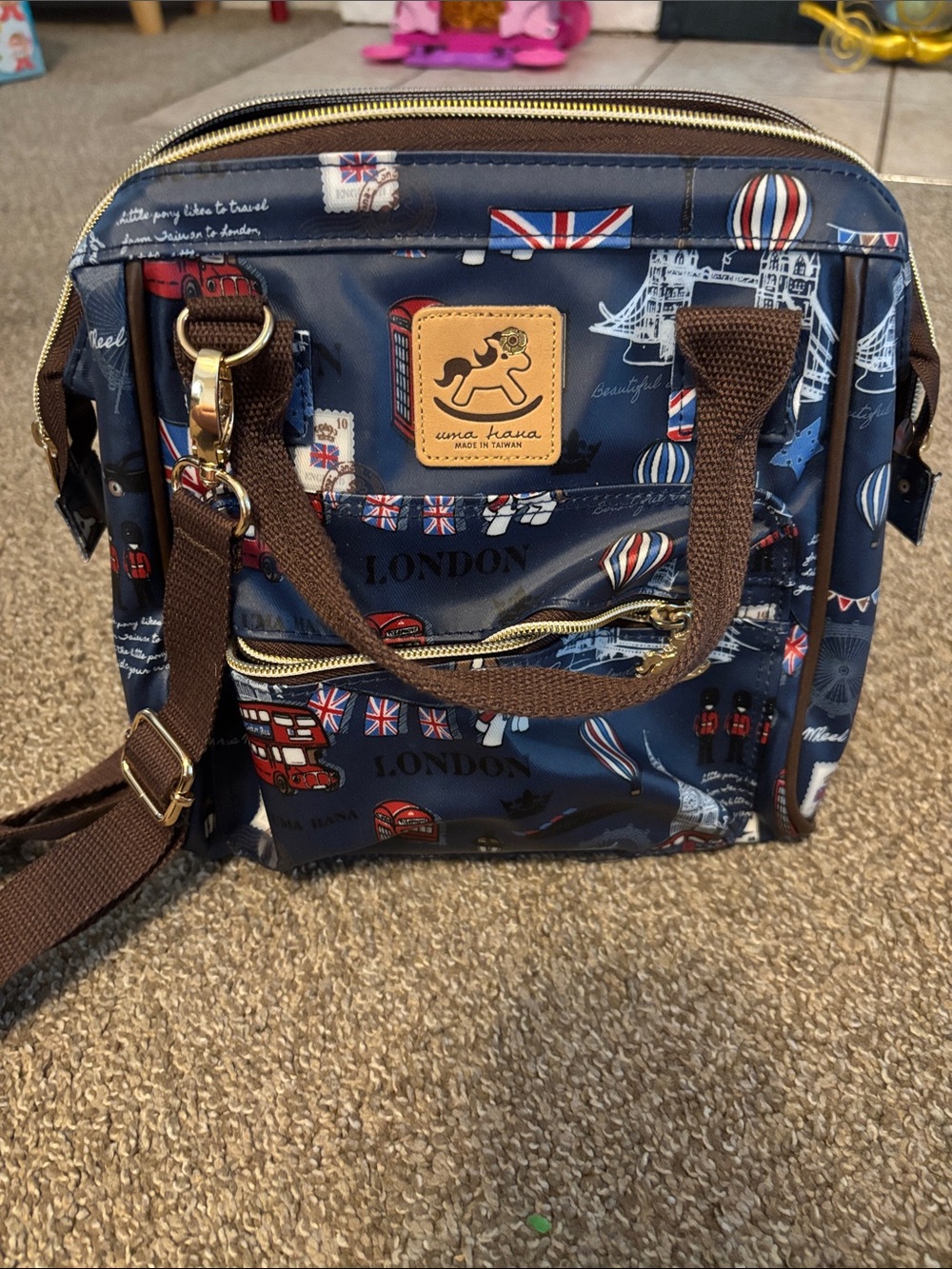 Uma Hana Navy London Print Crossbody Messenger Bag